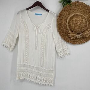 Solitaire Swim Lace Trimmed Swim Cover-Up 3/4 Sleeve Tie -Neck White M‎